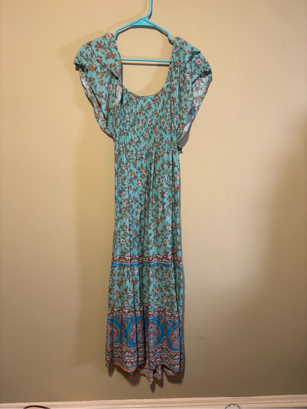 Umgee Teal Floral Maxi Dress with Flutter Sleeves